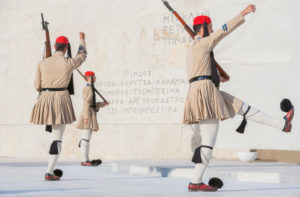 Evzone soldiers performing change of guard, Athens, Greece, Europe, Evzone soldiers performing change of guard, Athens, Greece, Europe,